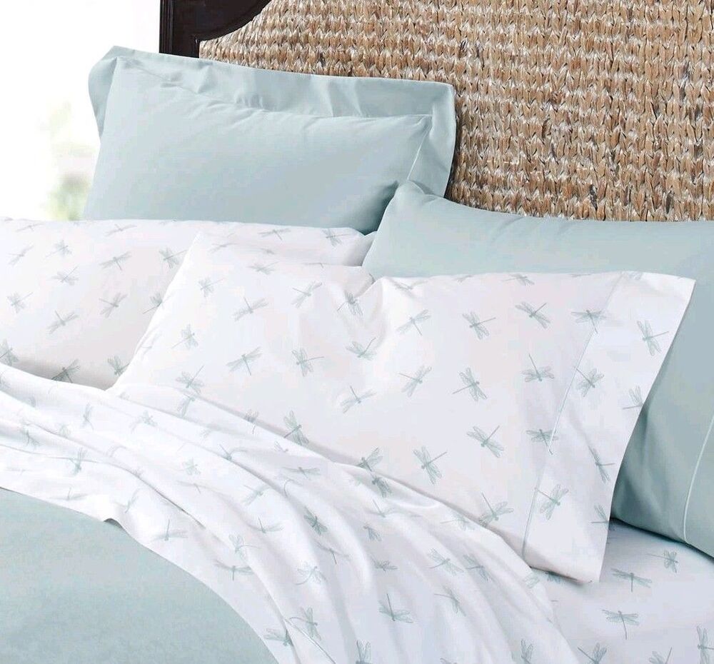 Cuddledown Dragonflies King Pillowcases White Seaglass NWT 400TC 100% Cotton